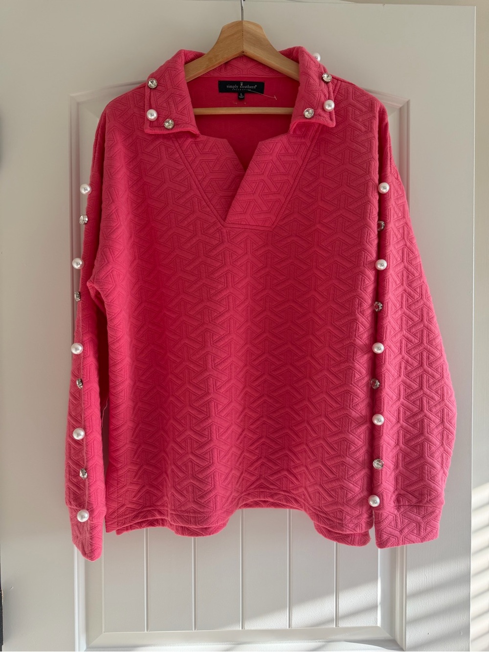 Simply Southern Hot Pink Quilted Knit Pullover w/ Pearl & Rhinestone Accents L